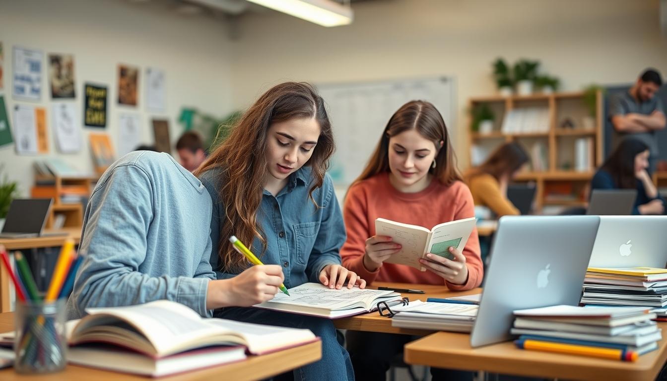 Students studying together in modern classroom